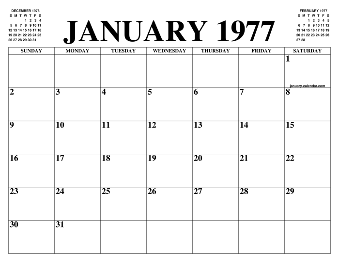 Kalender januari 1977 lengkap dengan weton