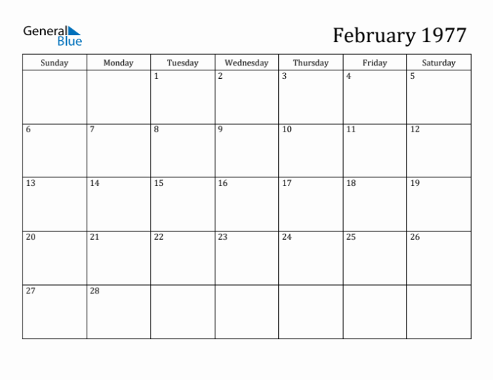 Kalender februari 1977 lengkap dengan weton