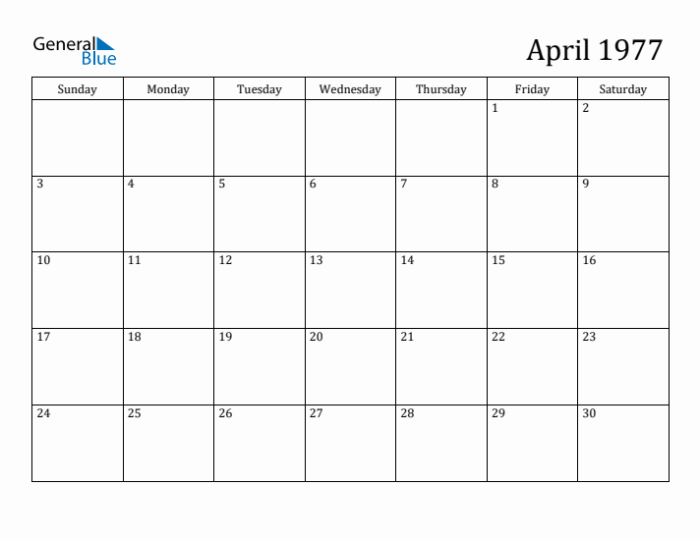 Kalender april 1977 lengkap dengan weton