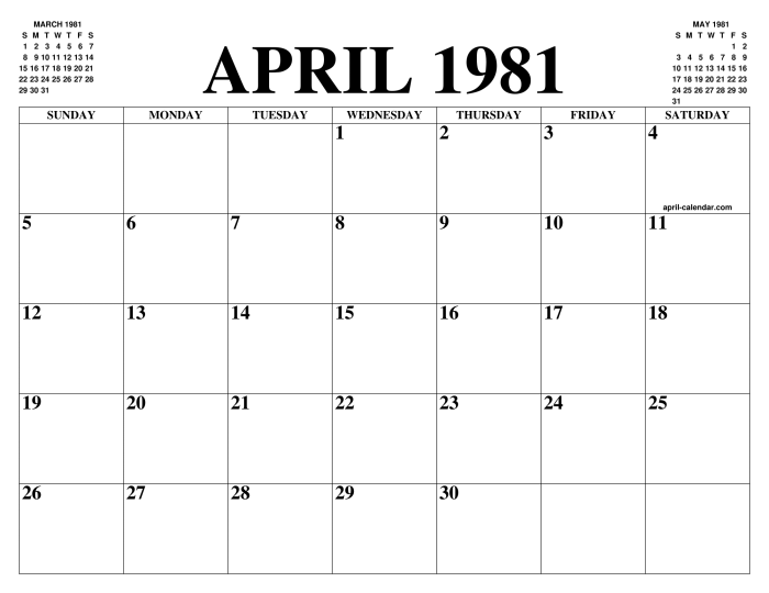 Kalender tahun 1981 bulan april lengkap dengan weton