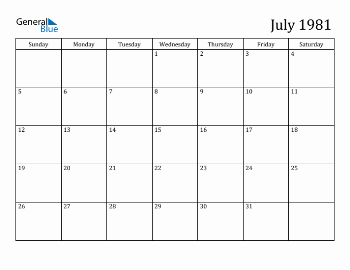 Kalender tahun 1981 bulan juli lengkap dengan weton