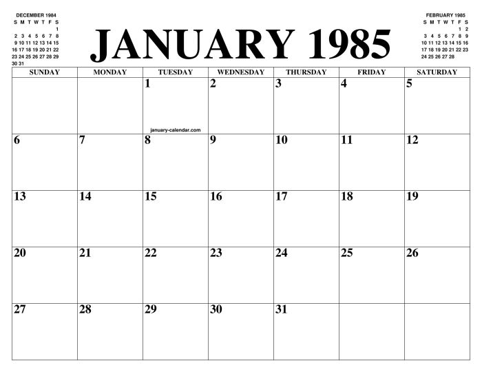 Kalender tahun 1985 bulan januari lengkap dengan weton