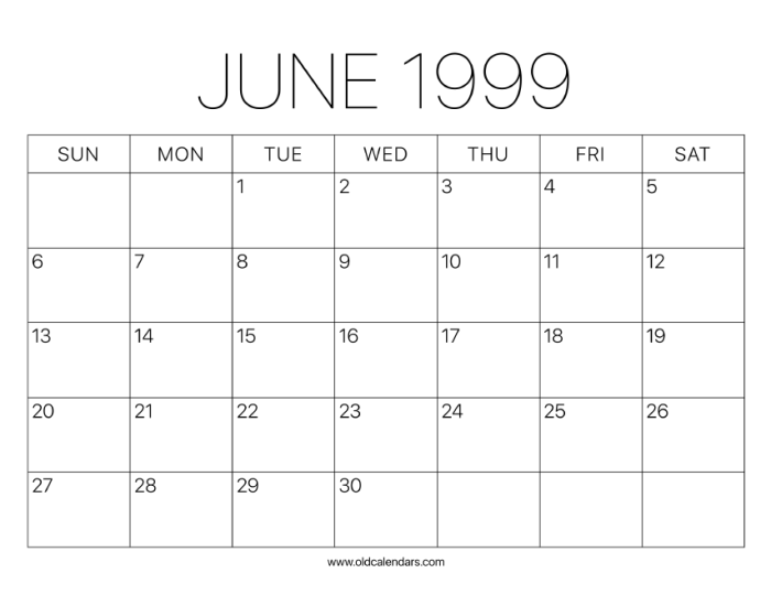 Calendar 1999 june printable