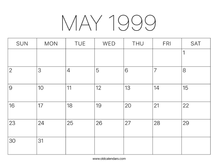 1999 calendar may printable week day