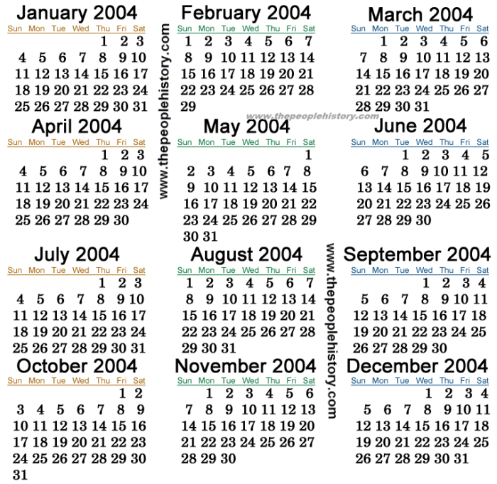 2004 calendar printable print monthly calendars month