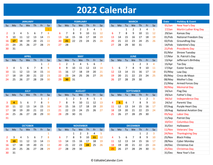 Yearly calendars