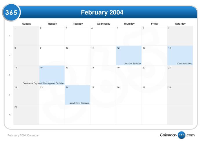 Kalender februari 2004 lengkap dengan weton